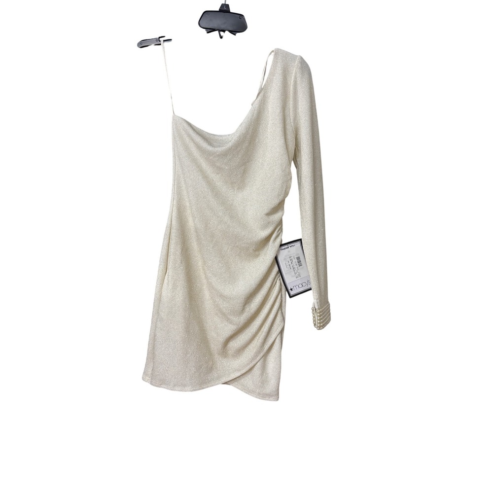 City Studio Womens One Shoulder Metallic Ruched Pearl Cuff Mini Dress Cream S